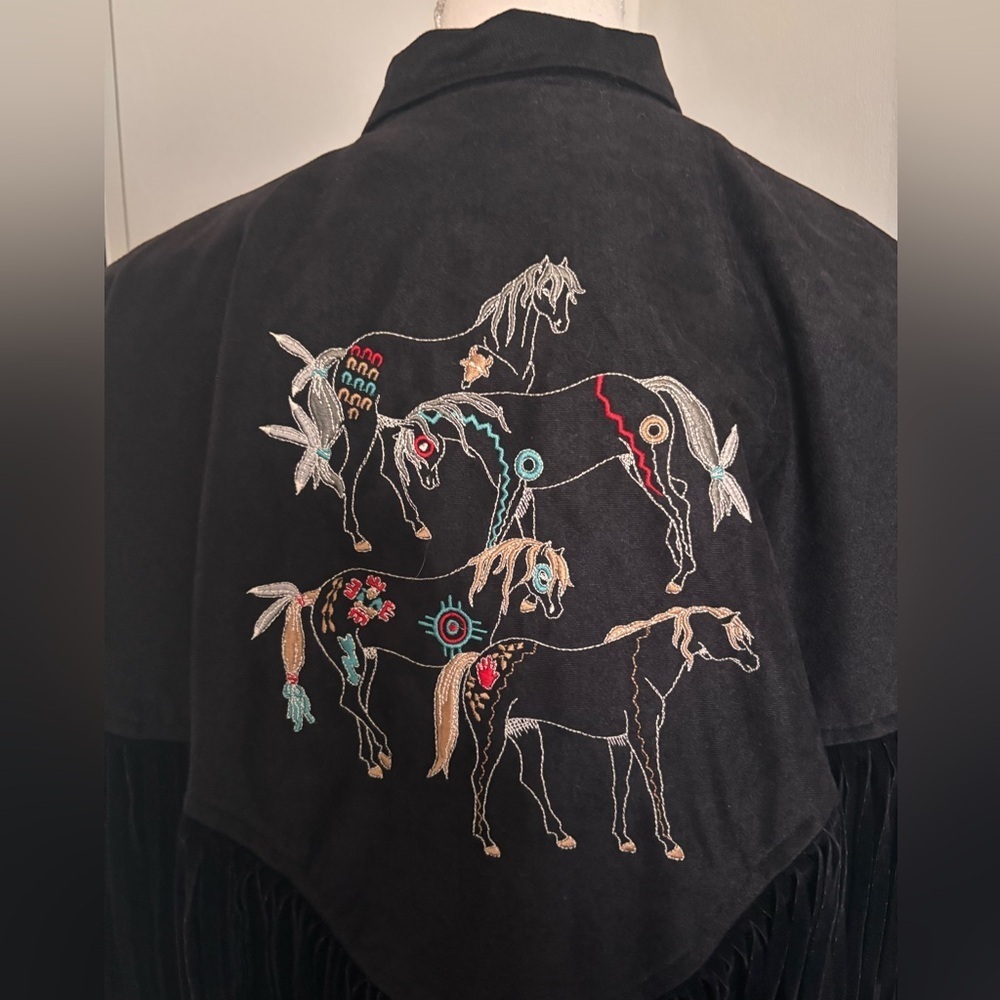 Vintage Black Fringe Western Button-Up Jacket with Embroidery Made in USA - Picture 11 of 12